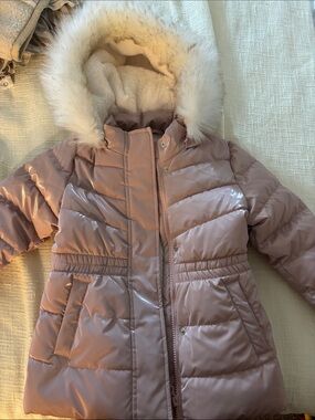 Girls' Pink Quilted Puffer Jacket with Faux Fur Hood